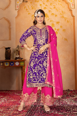 BYRI Embroidered Kurta, Palazzo & Dupatta Set