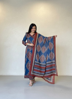 Komfortive Floral Print Anarkali Kurta, Bottom & Dupatta Set