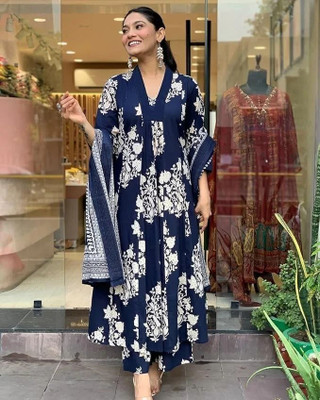 Burundi Blu Printed Kurta, Palazzo & Dupatta Set