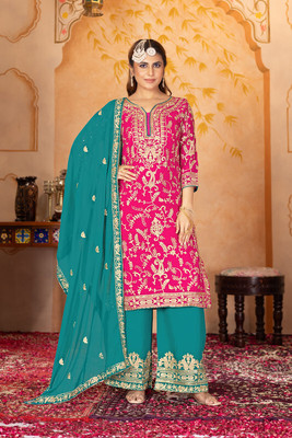 BYRI Embroidered Kurta, Palazzo & Dupatta Set