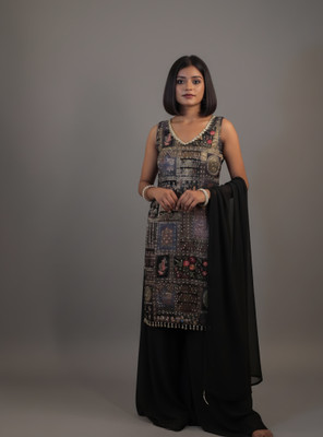 V by Vanya Embroidered, Printed Kurta, Palazzo & Dupatta Set
