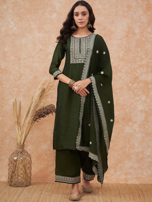 Sangria Embroidered Kurta, Palazzo & Dupatta Set