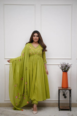 MANIEXPORTS Embroidered Anarkali Kurta, Bottom & Dupatta Set