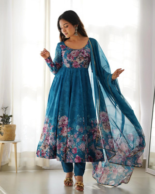 SAJAVAT ETHENIC WEAR Floral Print Anarkali Kurta, Bottom & Dupatta Set
