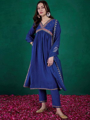 Sangria Embroidered Anarkali Kurta, Bottom & Dupatta Set