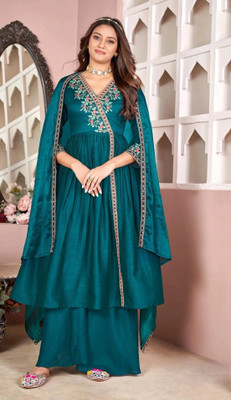 P Three Pluse Embroidered Kurta, Palazzo & Dupatta Set