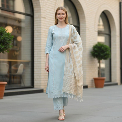 Bloututh Self Design Kurta, Palazzo & Dupatta Set