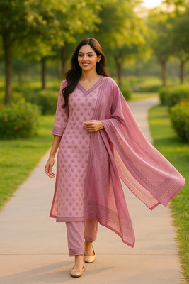 Orange Paper Embroidered Kurta, Palazzo & Dupatta Set