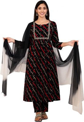 Orange Paper Striped Kurta, Trouser/Pant & Dupatta Set