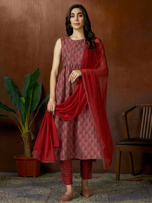 Tasrika Printed, Floral Print Anarkali Kurta, Bottom & Dupatta Set