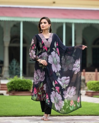 BRESIYAR Floral Print Anarkali Kurta, Bottom & Dupatta Set