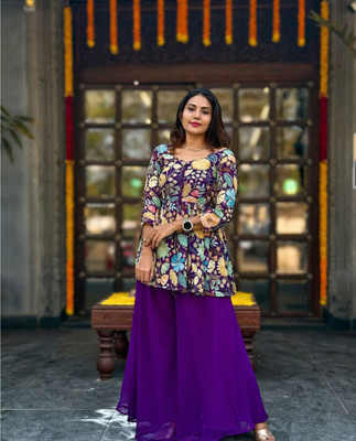 HAYAN STYLISTA Floral Print Kurta, Sharara & Dupatta Set
