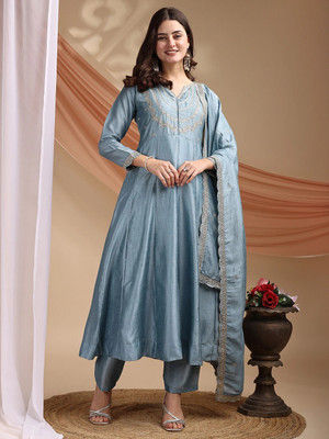 Blue Wish Embellished, Embroidered Kurta, Trouser/Pant & Dupatta Set