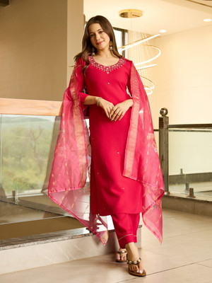 Fabrion Embroidered Kurta, Salwar & Dupatta Set
