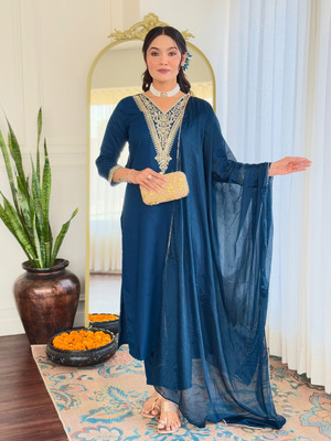 GlimmerGown Embroidered Kurta, Trouser/Pant & Dupatta Set