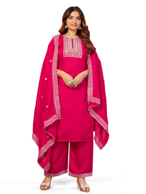 Clothic Creation Embroidered Kurta, Palazzo & Dupatta Set
