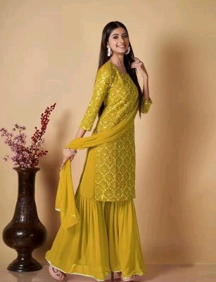 JP FASHION Embroidered Kurta, Sharara & Dupatta Set