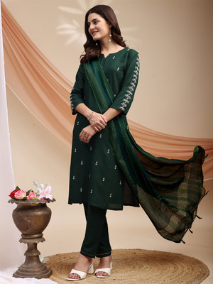 ARADHNA Embroidered Kurta, Churidar & Dupatta Set