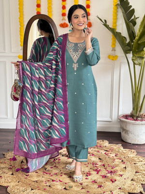 Varudi Enterprise Embroidered Kurta, Trouser/Pant & Dupatta Set