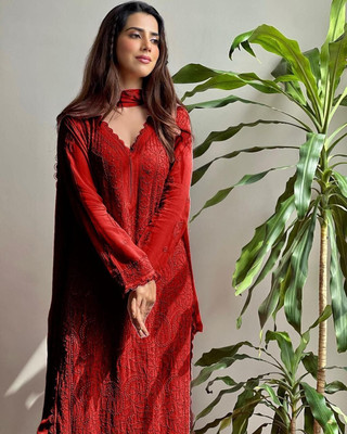 TrendNest Hub Embroidered Kurta, Palazzo & Dupatta Set