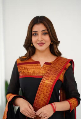 AneriTrends Solid, Woven Kurta, Churidar & Dupatta Set