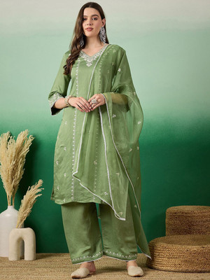 Sangria Embroidered Kurta, Palazzo & Dupatta Set