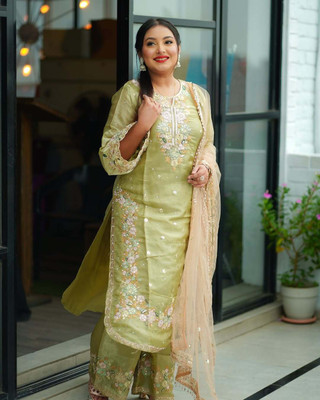 Tasrika Embroidered Kurta, Palazzo & Dupatta Set