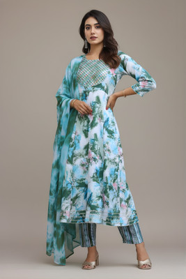 Folkiss Floral Print, Embellished Anarkali Kurta, Bottom & Dupatta Set