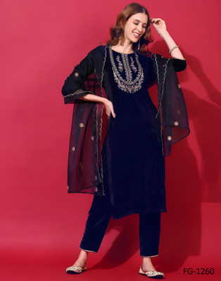 Hare Krishna Embroidered Kurta, Trouser/Pant & Dupatta Set