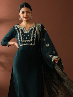 Jaipur Kurti Embroidered Kurta, Trouser/Pant & Dupatta Set