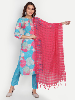 Pink N Pearl Floral Print Kurta, Churidar & Dupatta Set
