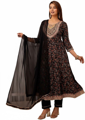 Luvoraa Floral Print Anarkali Kurta, Bottom & Dupatta Set