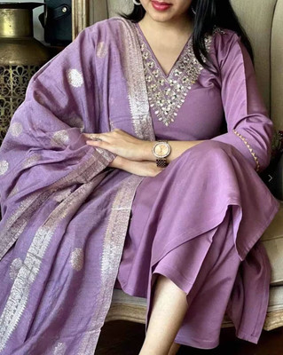 Blue Zircon Embroidered, Solid Kurta, Trouser/Pant & Dupatta Set