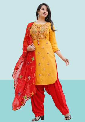 SS Fashions Embroidered Kurta, Patiala & Dupatta Set