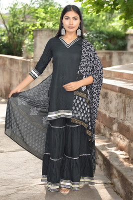 JAIPUR HAND BLOCK Printed Kurta, Sharara & Dupatta Set
