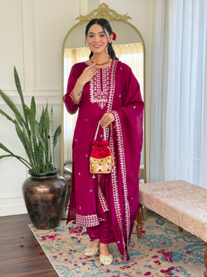 Om Vishwakarma Enterprise Embroidered Kurta, Trouser/Pant & Dupatta Set