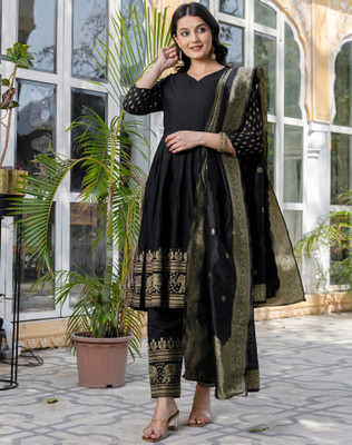 Tasrika Embellished, Geometric Print Anarkali Kurta, Bottom & Dupatta Set