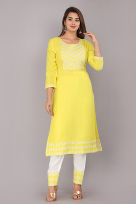MUHAL Women Polka Print Straight Kurta(Yellow)
