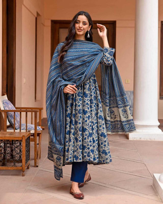 GNCREATION Printed Anarkali Kurta, Bottom & Dupatta Set