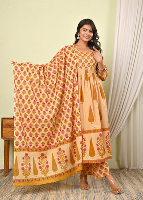 BEE LADY Floral Print Anarkali Kurta, Bottom & Dupatta Set