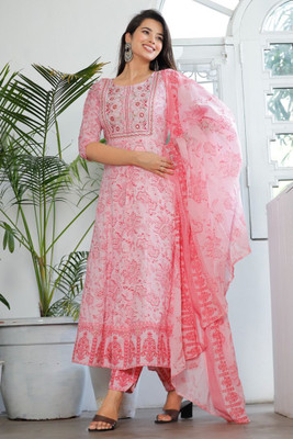 Paardini Floral Print Anarkali Kurta, Bottom & Dupatta Set
