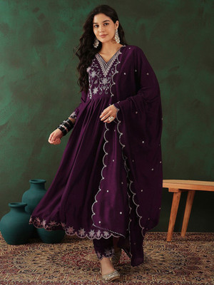 Sangria Embroidered Anarkali Kurta, Bottom & Dupatta Set