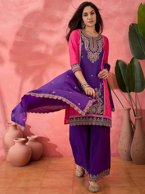 Sangria Embroidered Kurta, Palazzo & Dupatta Set