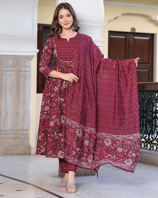ANSAYA Floral Print Anarkali Kurta, Bottom & Dupatta Set
