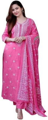 WishWorld Embroidered Kurta, Palazzo & Dupatta Set