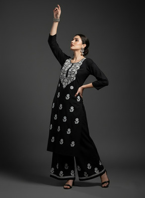 Feezy Fashions Embroidered Kurta, Palazzo & Dupatta Set