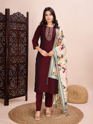 Pushti Creation Embroidered Kurta, Palazzo & Dupatta Set