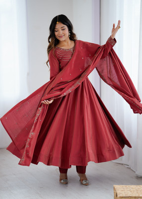 LOKITA WORLD Solid, Embroidered Anarkali Kurta, Bottom & Dupatta Set