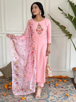 Tective Embroidered, Solid Kurta, Trouser/Pant & Dupatta Set