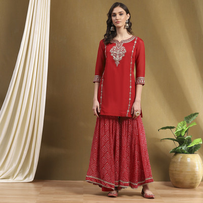 BIBA Embroidered Kurta, Sharara & Dupatta Set